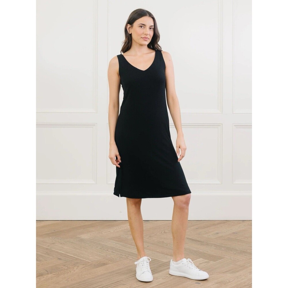 Cozy Earth Women’s Bamboo Rib Knit V-Neck Tank Lounge Dress In Black Size XL